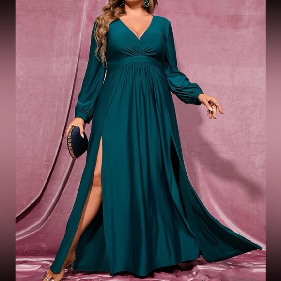 Luxe plus size bishop sleeve slit thigh party formal evening prom wedding dress - Picture 5 of 6